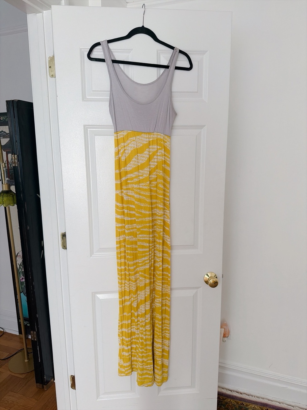 Yellow Patterned Maxi Dress with Light Gray Bodice